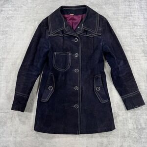 Vintage Suede Car Coat Women Small Navy Blue Western 70s Contrast Stitch Jacket